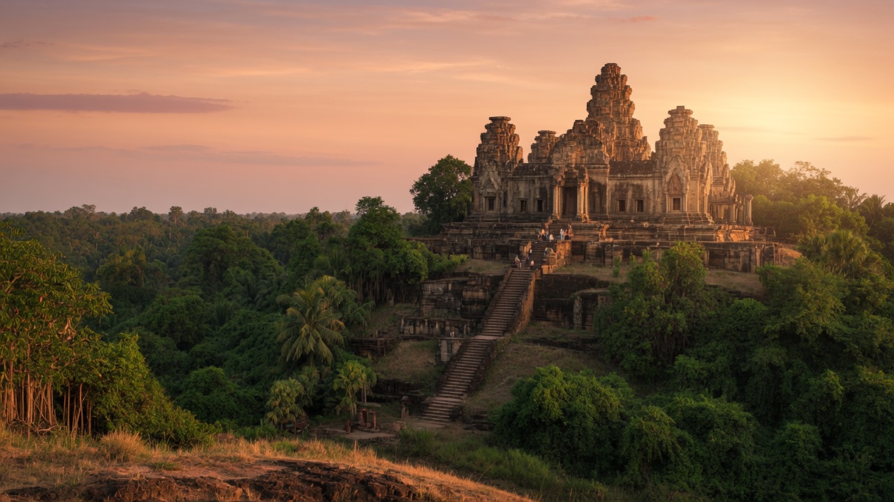 The ancient stone towers of Wat Banan temple surrounded by jungle foliage