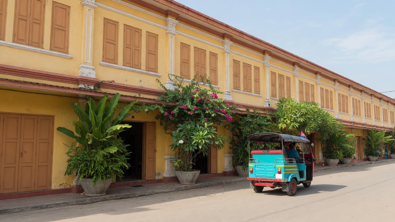 A vintage colonial street in Battambang with bright yellow buildings and a classic tuk-tuk